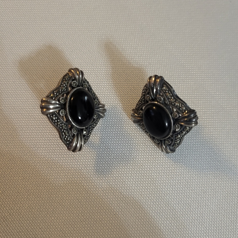 Judith Jack Art Deco Marcasite/Black Onyx Earrings